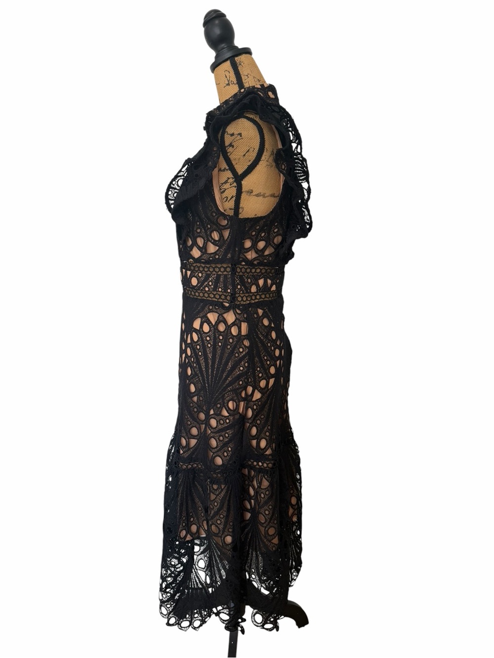 NWT Dalia MacPhee Black Lace Illusion Midi Dress Ruffle Sleeve Formal Size M - Picture 5 of 7